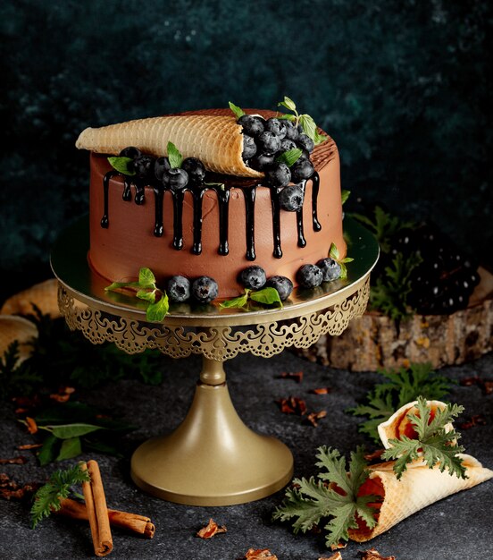 Schokoladenkuchen mit Beeren und knusprigen Waffeln