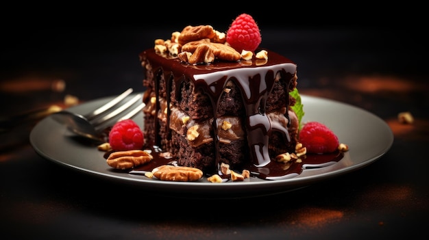 Kostenloses Foto schokoladenkuchen strömt mit reichhaltiger ganache auf einem schlanken teller