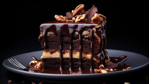 Schokoladenkuchen strömt mit reichhaltiger Ganache auf einem schlanken Teller