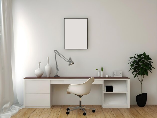 Schreibtischzimmer oder heimbüromodell mit einem weißen tisch mit leerem rahmen und weißer wand