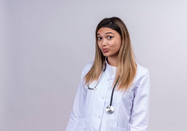 Schüchterne junge schöne Ärztin, die weißen Kittel mit Stethoskop-Blick trägt