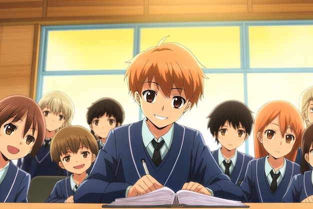 Schüler im Anime-Stil, die die Schule besuchen