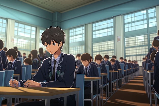 Schüler im Anime-Stil, die die Schule besuchen