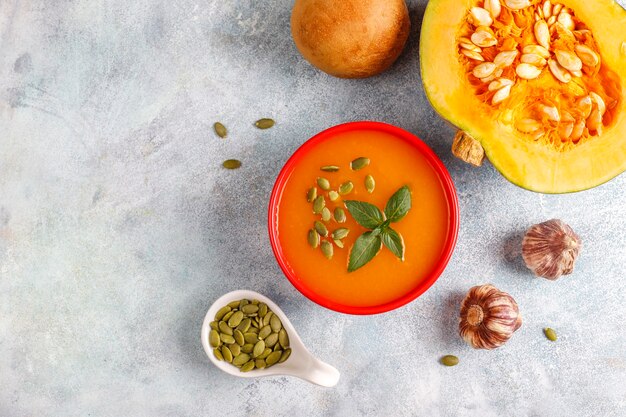 Schüssel köstliche Kürbissuppe mit Samen.