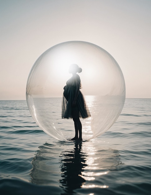 Schwangere Frau in einer Blase über dem Meer