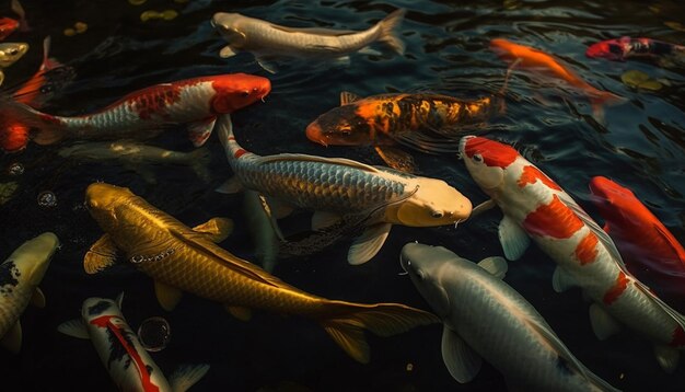 Schwarm bunter Koi schwimmen friedlich unter Wasser, generiert von KI