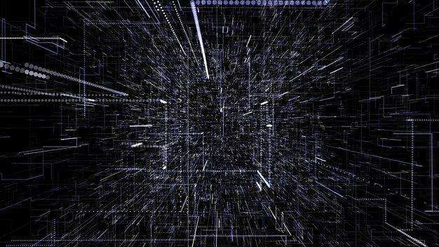 Schwarz-weiß-abstrakter virtueller raum, der digitale datentunnelreise fliegt