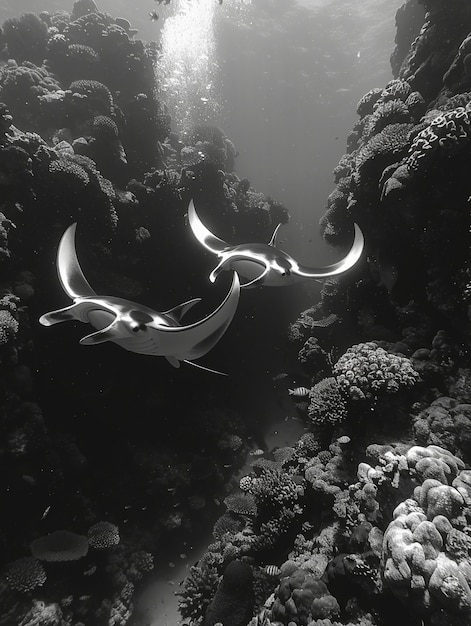 Kostenloses Foto schwarz-weiß-aufnahme des manta-rays in seiner natürlichen unterwasserumgebung