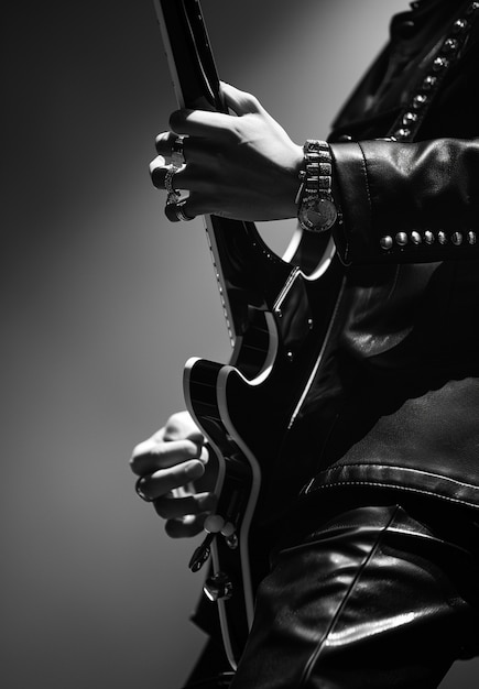 Kostenloses Foto schwarz-weiß-aufnahme einer person, die e-gitarre spielt