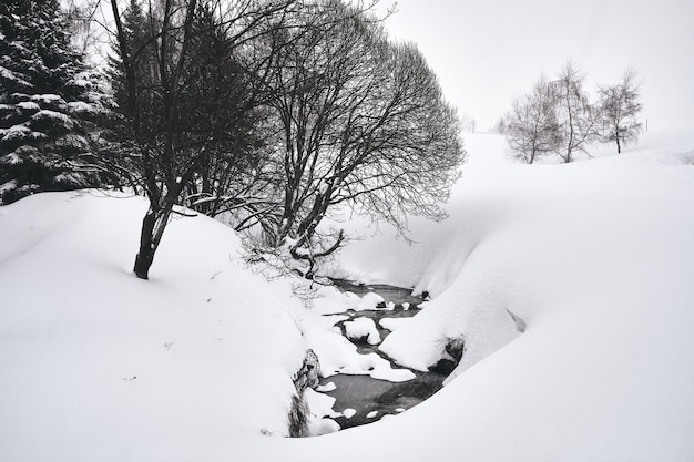 Schwarz-Weiß-Aufnahme eines Baches, der durch das Skigebiet Alpe d Huez in den französischen Alpen fließt