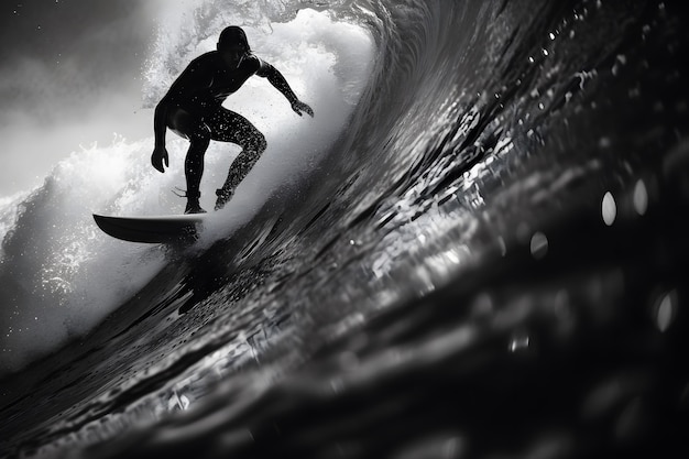 Kostenloses Foto schwarz-weiß-porträt einer person, die unter den wellen surfen macht