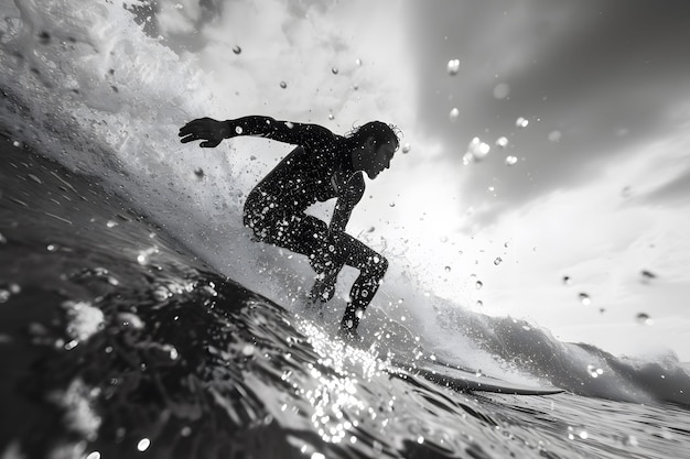 Kostenloses Foto schwarz-weiß-porträt einer person, die unter den wellen surfen macht