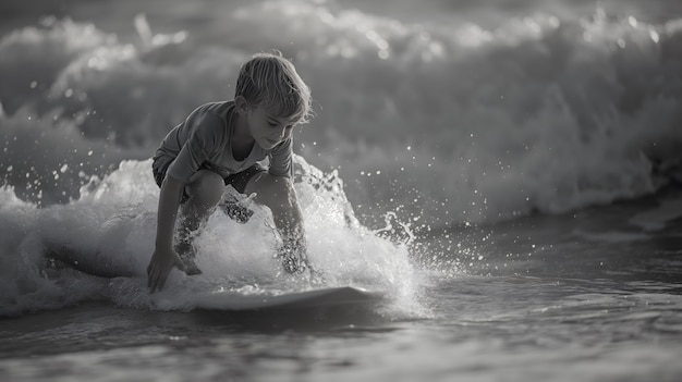 Kostenloses Foto schwarz-weiß-porträt einer person, die unter den wellen surfen macht