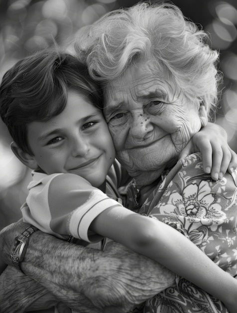 Kostenloses Foto schwarz-weiß-porträt von großmutter mit enkelkind, das liebe und zärtliche momente für den tag der großeltern zeigt