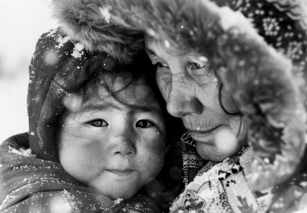 Kostenloses Foto schwarz-weiß-porträt von großmutter mit enkelkind, das liebe und zärtliche momente für den tag der großeltern zeigt