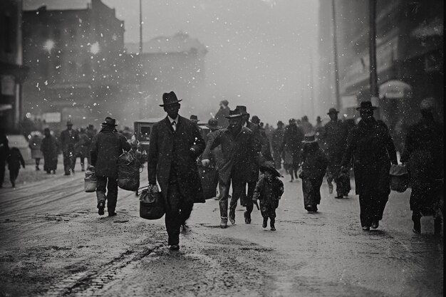 Schwarz-weiße Vintage-Szene mit Menschen, die in alten Zeiten in ländliche Gebiete wanderten