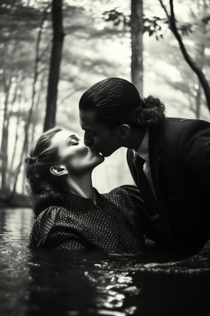 Schwarz-weißes küssendes Porträt eines Paares