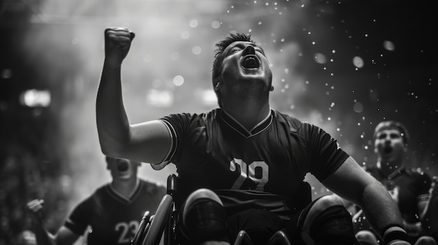 Schwarz-weißes Porträt eines Athleten, der an den Paralympischen Meisterschaftsspielen teilnimmt
