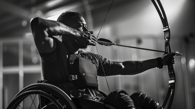 Kostenloses Foto schwarz-weißes porträt eines athleten, der an den paralympischen meisterschaftsspielen teilnimmt