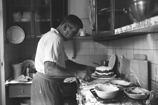 Schwarz-weißes Vintage-Porträt eines Mannes, der Hausarbeiten und Hausarbeiten erledigt