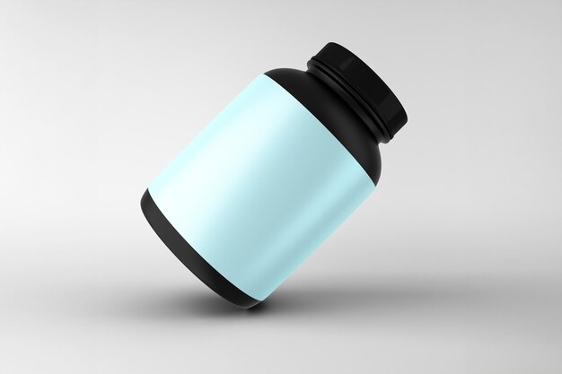 Schwarze Pillenflasche mit hellblauem Etikett