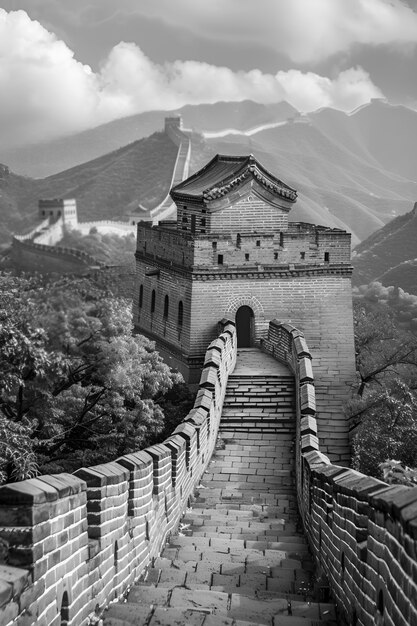 Schwarze und weiße Szene der Großen Mauer von China