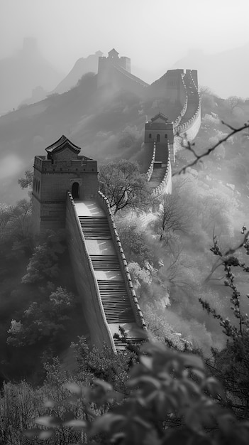Schwarze und weiße Szene der Großen Mauer von China