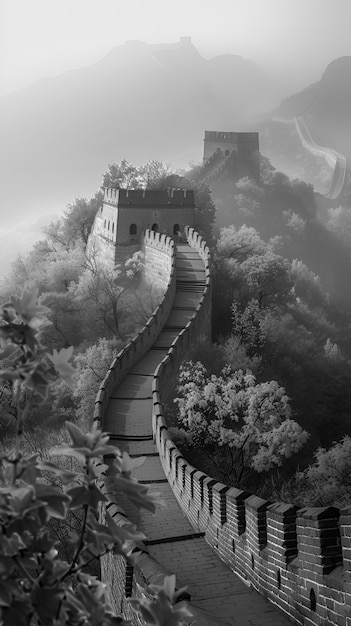 Kostenloses Foto schwarze und weiße szene der großen mauer von china