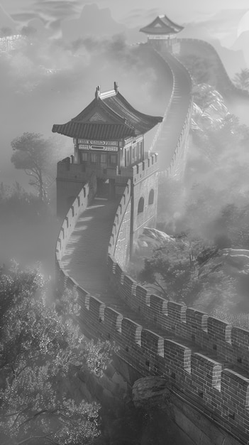 Schwarze und weiße Szene der Großen Mauer von China