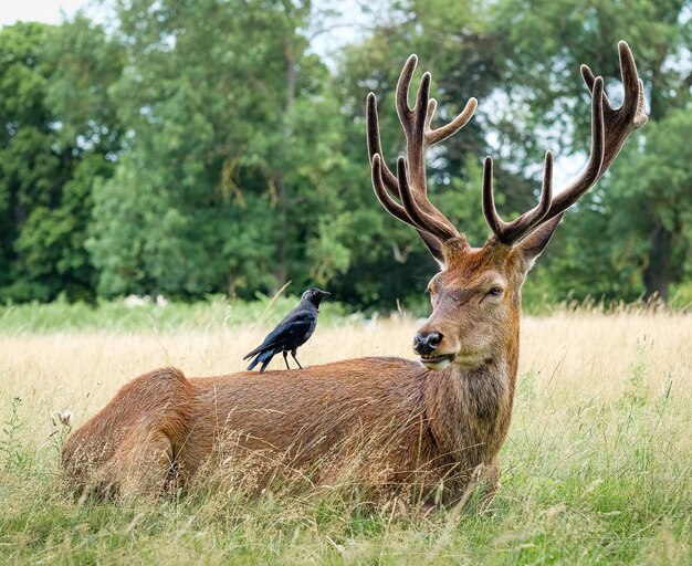 Schwarzer Rabe, der auf einem schwarzen Elch im Feld sitzt