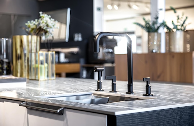 Schwarzer Wasserhahn mit Stahlspüle in einer stilvollen modernen Küche