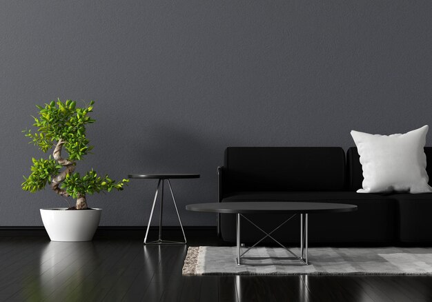 Schwarzes Sofa im Wohnzimmer mit leerem Tisch zum Nachmachen