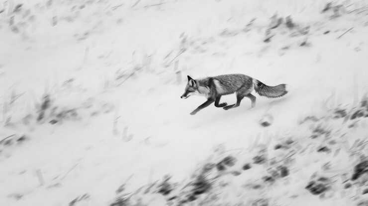 Kostenlose Foto schwarzweiß-aufnahme eines wilden fuchses in seinem natürlichen lebensraum