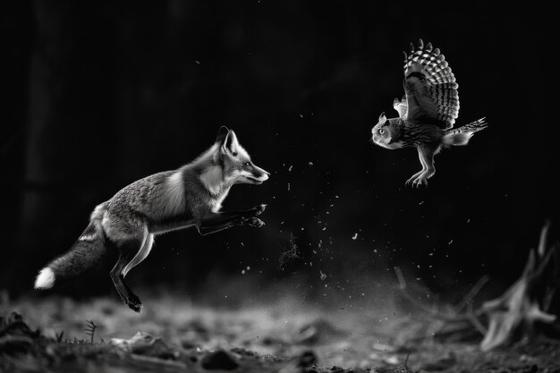 Schwarzweiß-Aufnahme eines wilden Fuchses in seinem natürlichen Lebensraum