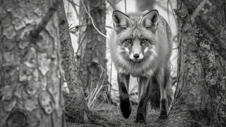 Kostenlose Foto schwarzweiß-aufnahme eines wilden fuchses in seinem natürlichen lebensraum