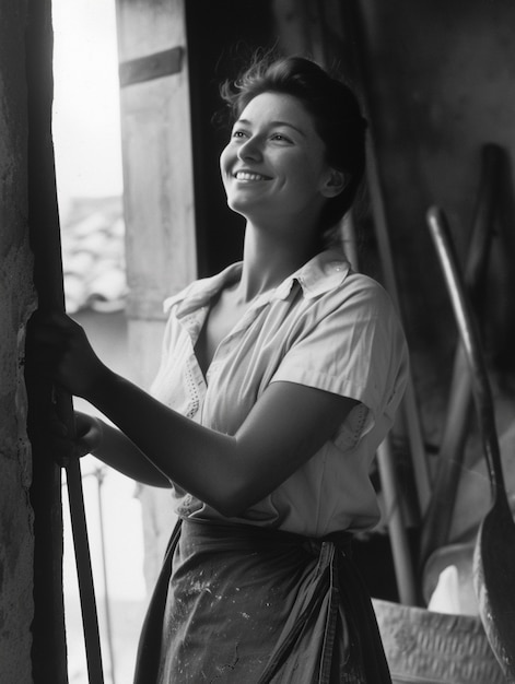 Kostenloses Foto schwarzweißporträt einer arbeitenden frau zur feier des arbeiterstages