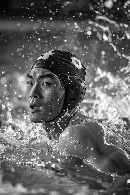Schwarzweißporträt eines Athleten, der an den olympischen Meisterschaftssportarten teilnimmt