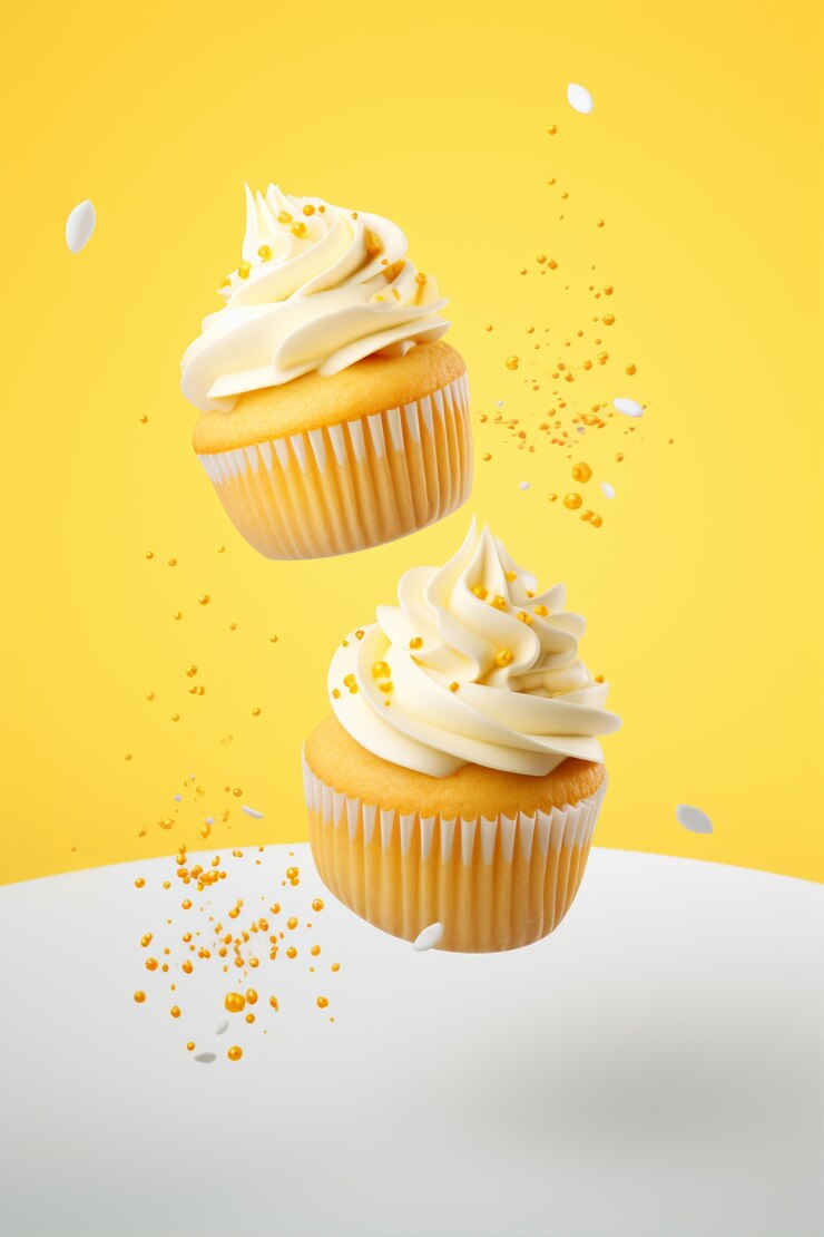 Kostenlose Foto schwimmende köstliche gelbe cupcakes