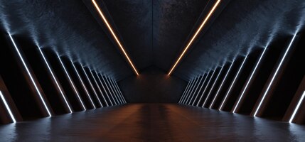 Kostenloses Foto sci-fi-futuristische studiobühnen-dunkelkammer in der raumstation mit leuchtendem neonlicht-hintergrund