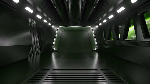 Science-fiction-tunnel im weltraum mit neonlicht. planet erde außerhalb des fensters des raumschiffs. weltraumtechnologie-konzept. 3d-darstellung