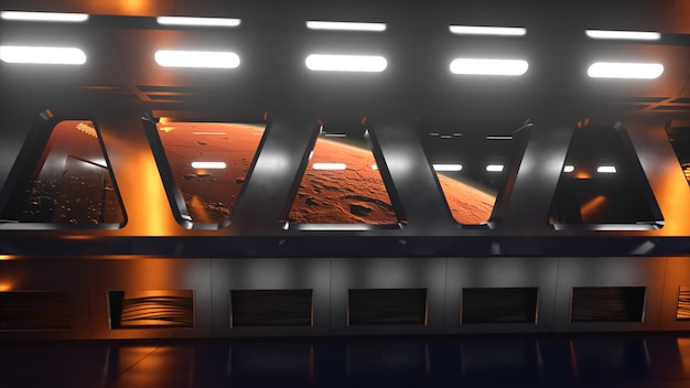 Science-fiction-tunnel im weltraum mit neonlicht. planet mars vor dem fenster des raumschiffs. weltraumtechnologie-konzept. 3d-darstellung