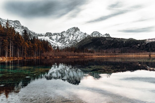 See nahe schneebedecktem Berg unter bewölktem Himmel während des Tages