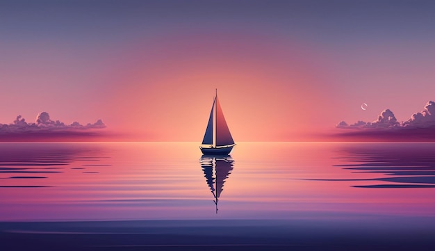 Segelboot bei Sonnenuntergang auf ruhigen Gewässern mit generativer KI mit mehrfarbigem Himmel