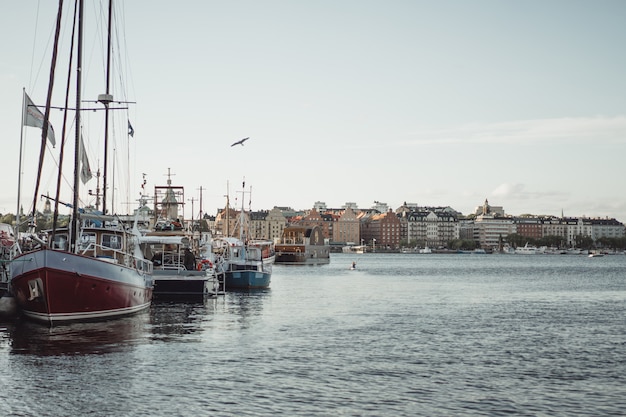 Segelboote und Yachten auf dem Pier in Stockholm vor dem Stadtzentrum