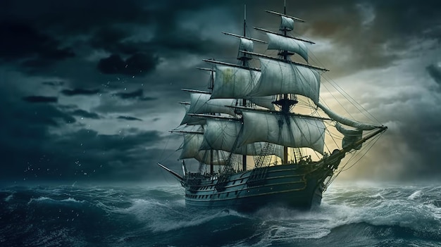 Segelndes altes Schiff in einem von der Sturmsee erzeugten KI-Bild