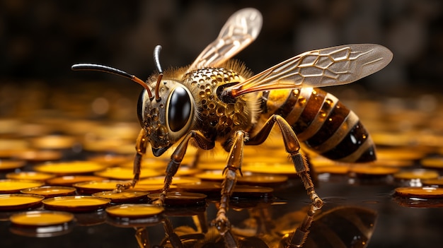 Sehen Sie sich ein 3D-Bieneninsekt mit Wabe an