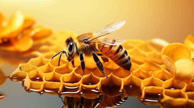 Kostenloses Foto sehen sie sich ein 3d-bieneninsekt mit wabe und blumen an