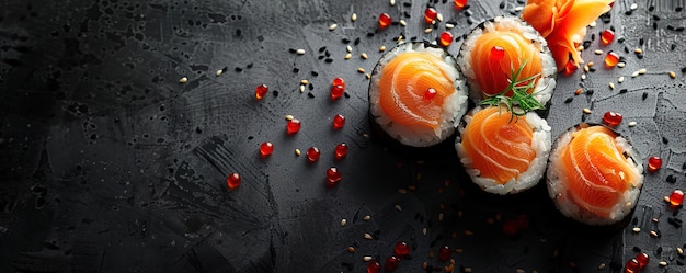 Sehr detailliertes Sushi mit Meeresfrüchten mit einfachem schwarzen Hintergrund