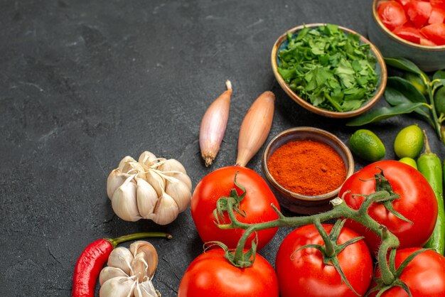 Seite Nahaufnahme Ansicht Tomaten Knoblauch Zwiebel Peperoni Tomaten Gewürze Kräuter auf dem schwarzen Tisch