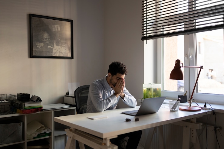 Kostenlose Foto seitenansicht ängstlicher mann arbeitet